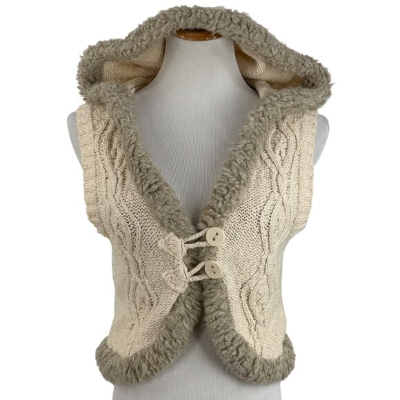 Vtg Y2K Old Navy Cream Cable Knit Faux Shearling Trim Hooded Boho Sweater Vest L - Picture 4 of 16